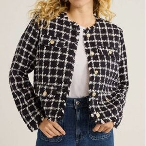 Free Assembly XL 16 18 Blazer Jacket Black Plaid Tweed Fringe Gold Buttons